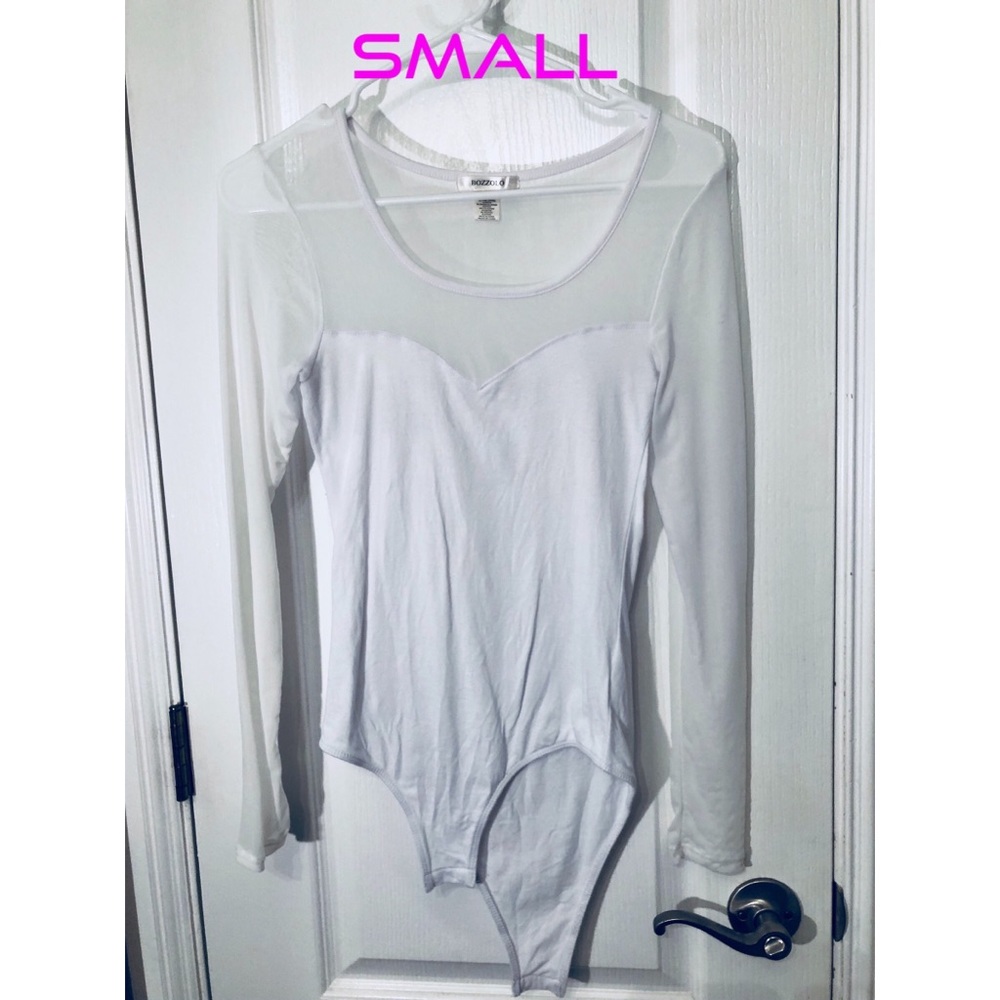 White mesh long sleeve bodysuit top